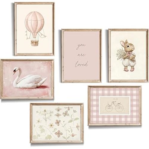 RETRART Pink Nursery Girl Wall Art Vintage Floral Pink Wall Decor Set for Baby Girls' Nursery & Kids' Room, Cute Animal Rabbit Swan Flowers - 6 Unframed Canvas Prints (8x10)