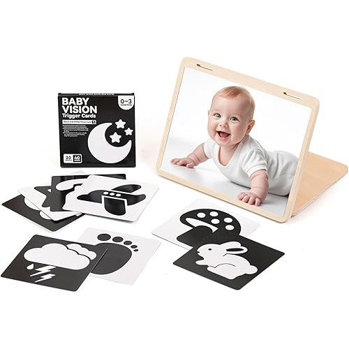 Tummy Time Play Set Adjustable Angle, Double-Sided Design, Montessori Tummy Time Toys Large Baby Safe Mirror and Card Display Stand with Black and White High Contrast Baby Cards