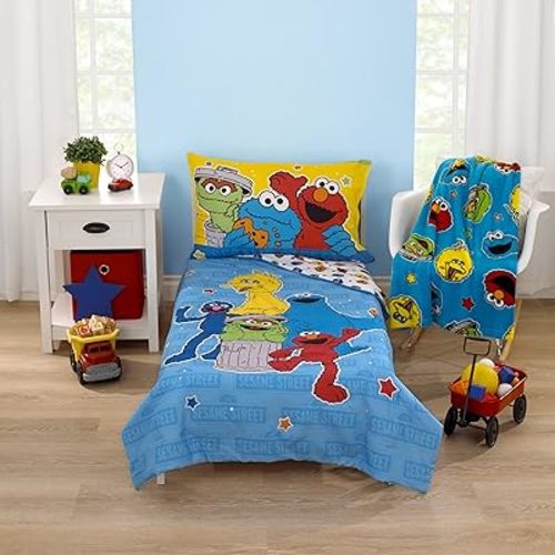 Sesame Street Come and Play, Elmo, Big Bird, Cookie Monster, Grover, and Oscar The Grouch 4 Piece Toddler Bed Set - Comforter, Fitted Bottom Sheet, Flat Top Sheet, and Reversible Pillowcase