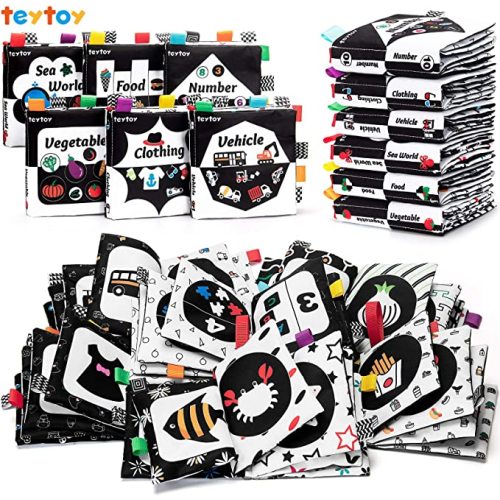 teytoy Baby Soft Cloth Book Set 6 PCS, Black and White High Contrast Baby Activity Crinkle Books for 0 3 6 9 12 Months Newborn Infants Babies Boys and Girls Early Educational Learning Toys