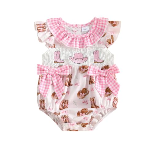 Western Baby Girl Clothes Cow Print Romper Smocked Bubble Ruffle Sleeve Bow Bodysuit Newborn Infant Cowgirl Outfit