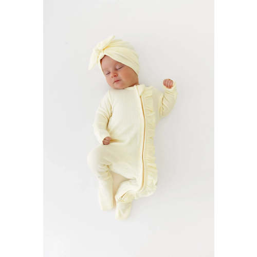 Ribbed Ruffle Zipper Footie in Chamomile