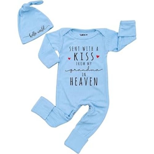 Sent With A Kiss From My Grandma In Heaven Newborn Bodysuit and Hat Gender Neutral Baby Clothes Shower Gift