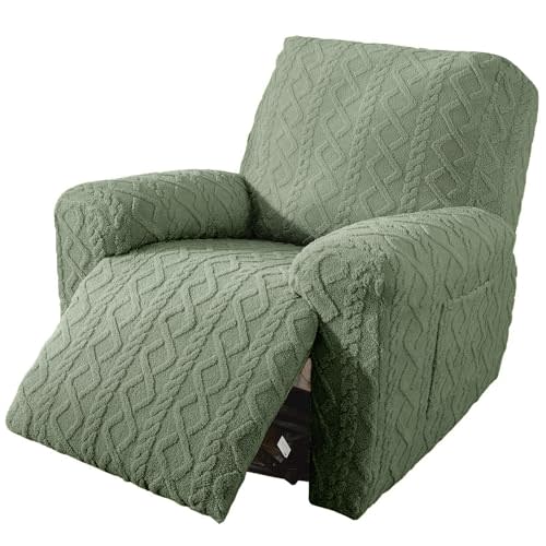 vctops Christmas Green 4 Pieces Geometric Jacquard Plush Recliner Slipcovers Soft Fuzzy Fluffy Sofa Couch Cover Anti-Slip Furniture Protector with Elastic Bottom for Kids Cats Dogs(Green,1 Seat)