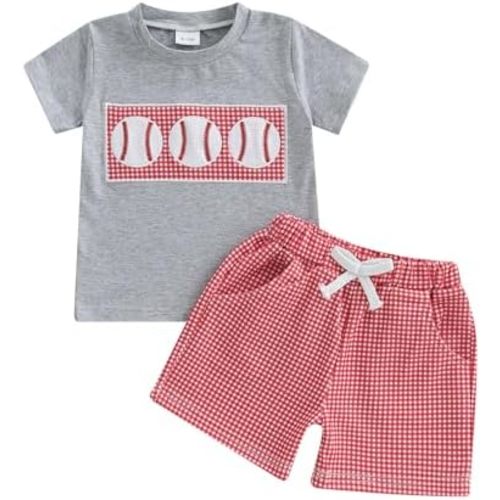 Toddler Baby Boy Summer Clothes Short Sleeve Embroidery Baseball T-shirt & Plaid Shorts Set 2 Piece Outfit