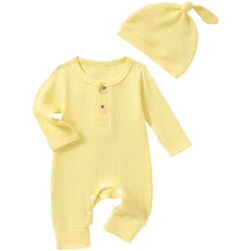 Newborn Baby Boy Girl Clothes Infant One Piece Rompers Solid Ribbed Knit Hat Long Sleeve Clothing Set