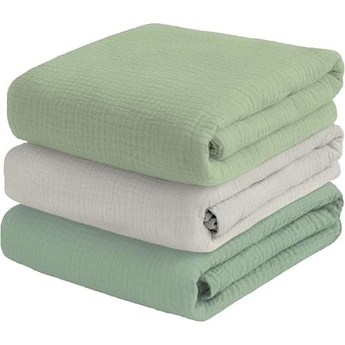 Muslin Swaddle Blankets for Baby Boy - 3 Pack 47x47 Inch Large Receiving Blankets, Soft Breathable Cotton Nursery Swaddles for Newborn, Infant & Todler (Sage Green, Cream White, Pea Green)