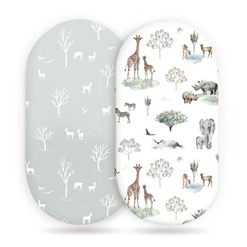 Stretch Ultra Soft Fitted Bassinet Sheet Set 2 Pack, Universal Fit for Bassinets Baby Cradle Moses Basket Oval Rectangle Mattress Safe and Snug, Pretty African Savannah Animals Pattern
