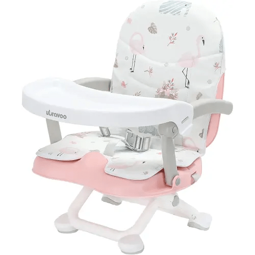 2in1 Portable Toddler Booster Seat, Grow with Baby Booster Seat for Dining Table with Removable Tray & Seat Pad, high chair for travel, ACE1013 Pink Flamingos