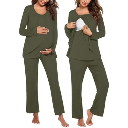 Ekouaer Maternity Nursing Pajama Set Long Sleeve Top & Pants with Pockets Breastfeeding Sleepwear Double Layer Pregnancy
