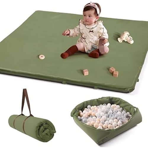 Tapis de jeu en mousse pour bébé : tapis de parc pliable 2 en 1 et piscine à balles pour nourrissons et tout-petits – Tapis de jeu rembourré en cuir vegan doux extra épais pour parc de 127 x 127 cm pour filles et garçons (vert)