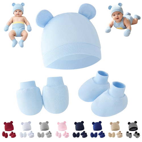 Joernso Newborn Baby Hat Gloves And Booties Set, Cotton Infant Bear Ears Hat Anti Scratch Mittens & Foot Protectors for Boys Girls, Comfortable Soft Set for 0-3 Months