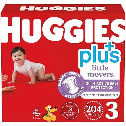 Huggies Plus Little Movers Diapers, Size 3, 204 Count, Disney Collection, 2-in-1 Active Baby Protection, Secure Fit, Extra Absorbent, 16-28 Pounds