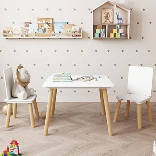 Kids Table and 2 Chairs Set, 3 Pieces Toddler Table and Chair Set, Kids' Table & Chair Sets, Kid Play Table for Daycare, Classroom, Home (White)