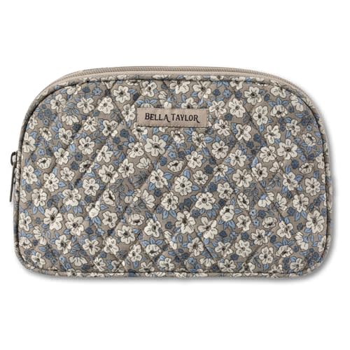 Bella Taylor Large Makeup Pouch for Women, Quilted Cotton Cosmetic Bag for Travel and Organization, Khaki Floral