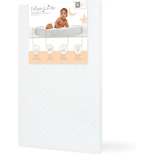 Dream On Me Holly 2-in-1 Mini & Portable Crib Mattress (38”x 24”x 3”), Dual Sided, Vinyl Waterproof Cover, 3” Fiber Core, GREENGUARD Gold Certified, Fits Standard Portable and Mini-Cribs