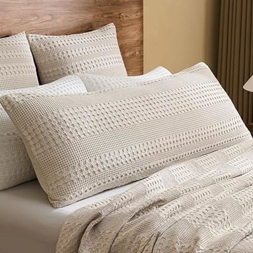 PHF 100% Cotton Waffle Body Pillowcase with Zipper, 1 Pack 20" x 54" Soft Skin-Friendly Pillow Sham, No Filling, Aesthetic Woven and Breathable Waffle Weave Body Pillow Cover for Bed, Oatmeal