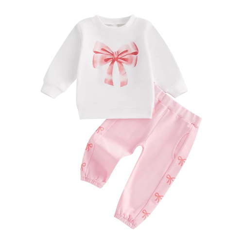 fatyb Toddler Baby Girls Clothes Set Bow Printed Pullover Sweatshirt Jogger Sweatpants Kids 2Pcs Outfits