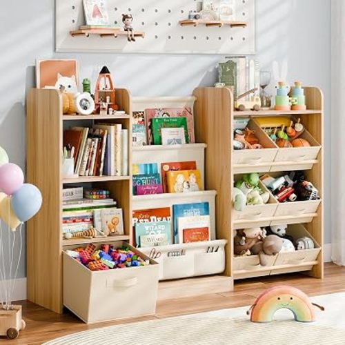Kids Bookshelf and Toy Storage with 7 Removable Bins, 52 inch, Burlywood