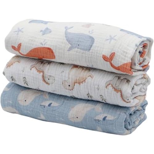 Muslin Swaddle Blanket for Newborn, 3 Pack, Soft Breathable Receiving Blanket, 38 x 40 Inches, Swaddle Wrap and Burping Cloth (Dolphins)