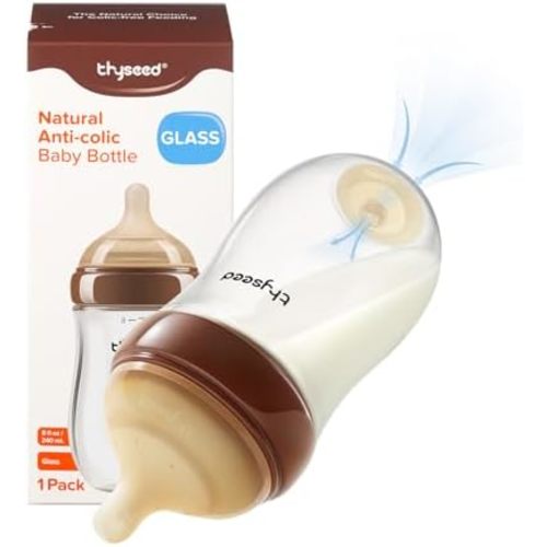 Thyseed Anti-Colic Glass Baby Bottle for Breastfed Infants, Natural Feeding, Breast-Like Newborn Medium Fast Flow Nipple (3m+), 8 oz, 1 Pack