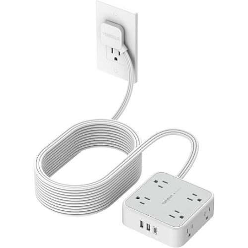 TESSAN Surge Protector Power Strip, 25 Ft Flat Plug Extension Cord with 3 USB (1 USB C) 8 Outlets, 1250W, 900J Protection, 3 Sided Outlet Extender with Power Switch for Office, Dorm Room, Grey