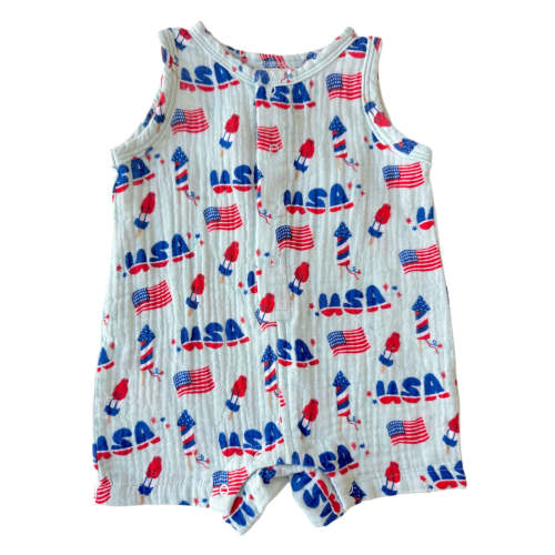 Muslin Shortie Romper, 4th of July Blue