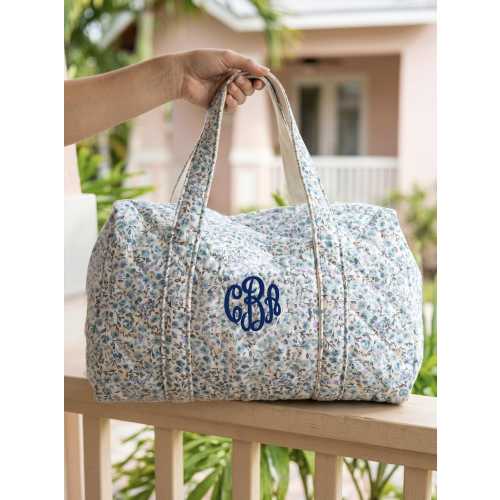 Embroidered Quilted Tote Bag, Monogrammed Duffle Bag Floral, Bridesmaid Gift, Bridal Party Bag, Overnight Bag with Zipper
