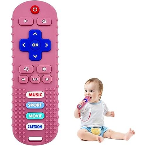 ROBBEAR 1 Pack Baby Teething Toys, Food Grade Silicone Remote Control Teether Toy for Babies 3 6 12 18 Months, TV Remote Shaped Chew Toys for Boys and Girls, Freezer BPA Free