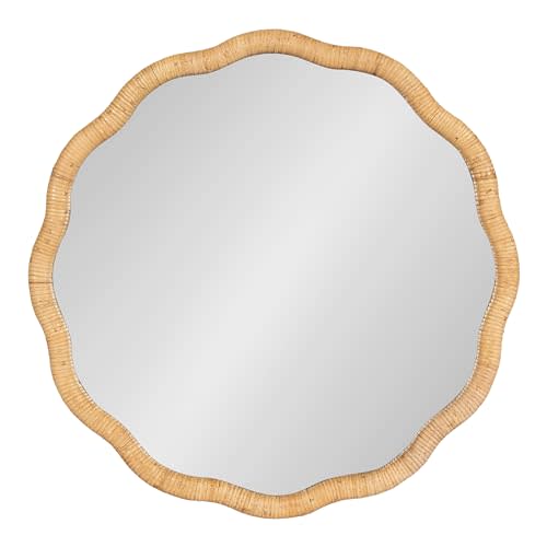 Kate and Laurel Rahfy Boho Scalloped Round Rattan Mirror, 26 Inch Diameter, Natural Wood, Decorative Round Wavy Mirror With Authentic Rattan Frame For Boho Wall Decor