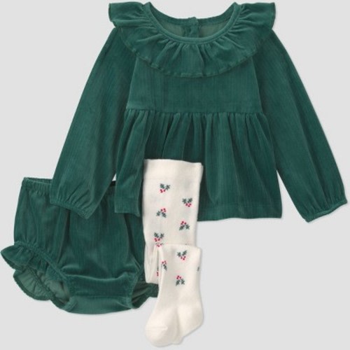 Carter's Just One You® Baby Girls' Holiday Velvet Ruffle Dress with Holly Tights - Green 12M