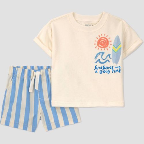 Carter's Just One You® Baby Boys' 2pc Striped Surfboard T-Shirt and Shorts Set - Ivory/Blue 9M