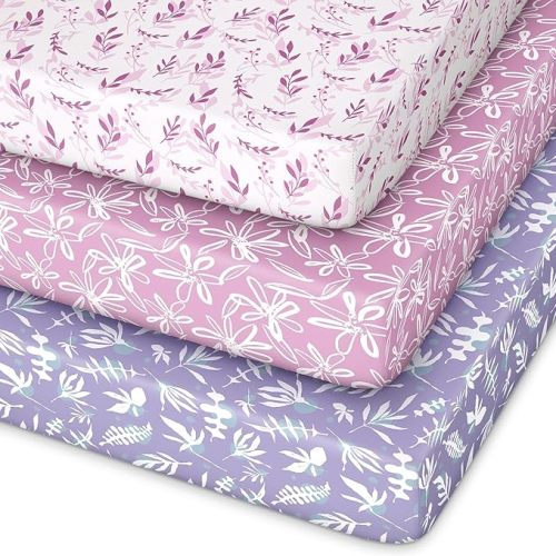 Pack and Play Sheets Fitted 3 Pack, Mini Crib Sheets for Pack N Play Mattress Stretchy Portable Playard Sheets, Soft Breathable Purple Leaf