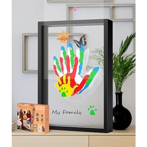 Black Family Handprint Kit for 4 – Wooden Frame with 4 Clear Acrylic Boards, DIY Handprint Keepsake for Baby, Pet, Mom, Grandparents, Hand Mold Art Set with Non-Toxic Washable Paint (Black)