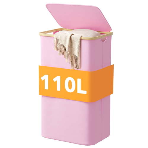 PLUMEBAY 110L Laundry Hamper with Lid, Large Foldable Clothes Basket with Bamboo Handles, Tall Fabric Hamper for Bedroom, Bathroom, Dorm, Pink
