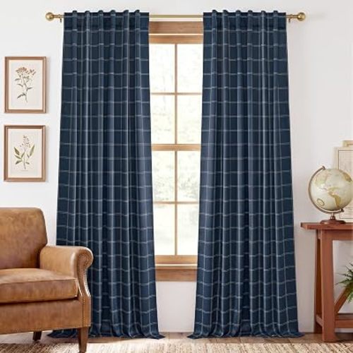 Dark Blue Farmhouse Buffalo Check Blackout Curtains, Grid Pattern | Dark Blue & White