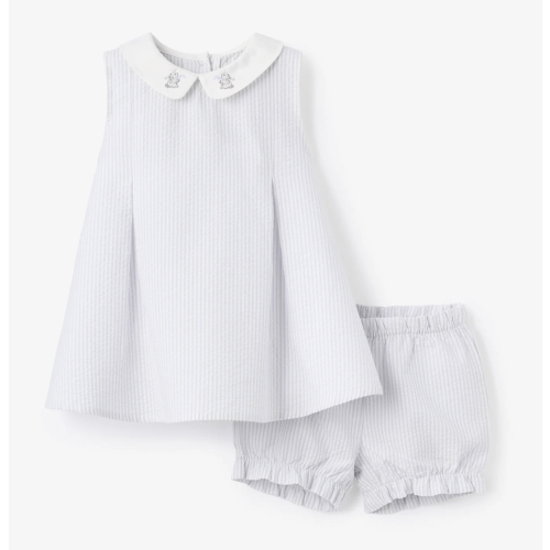 Blue Seersucker Embroidered Bunny Dress – Elegant Baby