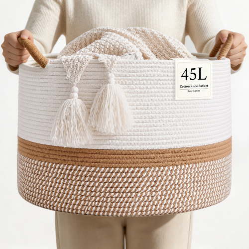 Domaci Large Cotton Rope Basket, Woven Storage Basket with Handles for Blankets, Toys, Nursery & Living Room Decor with Handles, 16" x 14" x 16"