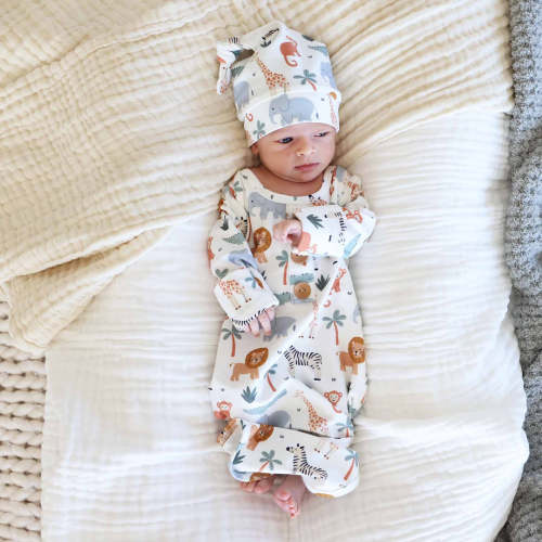 Safari Snuggles Newborn Baby Knot Gown & Hat Set