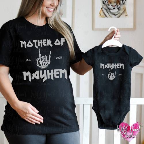 CUSTOM Heavy Metal Mommy and Me Outfit | Rocker Pregnancy Announcement Matching Toddler Deathcore Emo Shirt Personalized Goth Baby Clothes