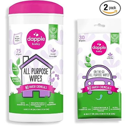 Dapple Baby All Purpose Wipes, Plant Powered, Hint of Lavender, Hypoallergenic, 75 Count Canister + 30 Count