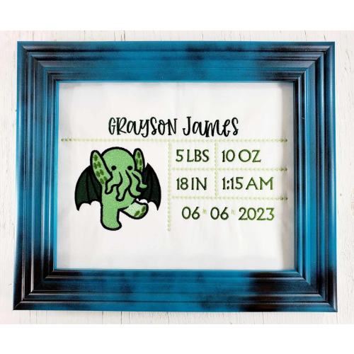 Cthulhu Baby Birth Stats: Embroidered and Personalized Gothic Nursery Decor