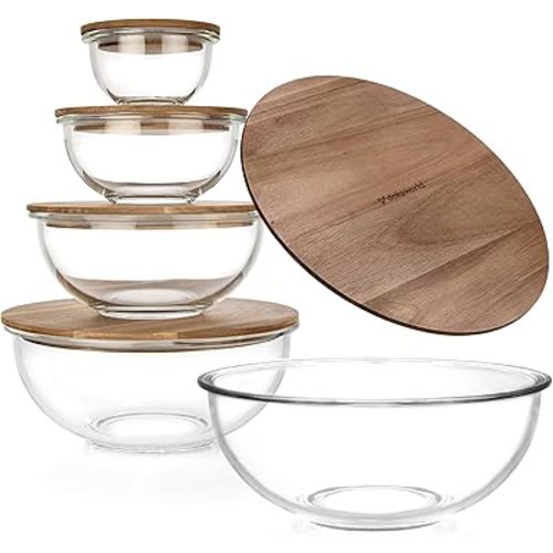 Stackable Space-Saving Set of 5 Nesting Glass Bowls with Acacia Lids for Foodprep, Storage, Mixing & Cooking - Microwave & Oven-ready BPA Free Durable Heat Resistant Inert Borosilicate Glass