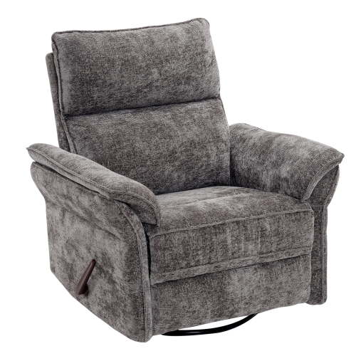 Oversized Recliner Chair, 26" Extra Wide 360° Swivel Rocker Recliner with Adjustable Headrest, Chenille Glider Rocking Nursery Chair with Overstuffed Armrest, Lumbar Support, Dark Gray