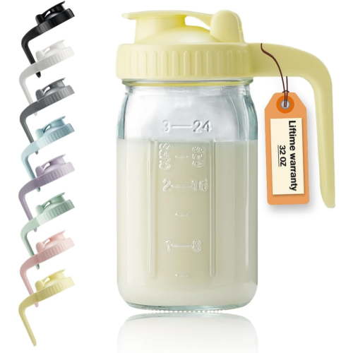 Gleam Adorn 32oz Glass Pitcher with Lid & V-shaped Pour Spout - 1 Quart Breastmilk Pitcher Double Leak Proof, Creamer Container for Sun Tea, Juice, Cold Brew Coffee, Breastmilk Storage Container