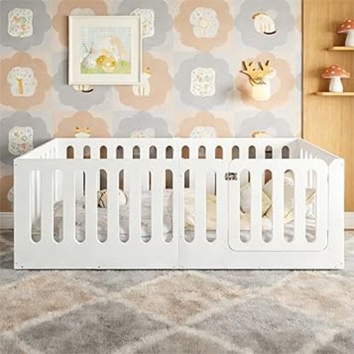 Bellemave Montessori Twin Floor Bed with Playful Door & 23.6" H Guardrails, Solid Wood Montessori Floor Bed Frame, Low Profile & Rounded Corner Safe Design, No Slats, No Box Sring Needed, White