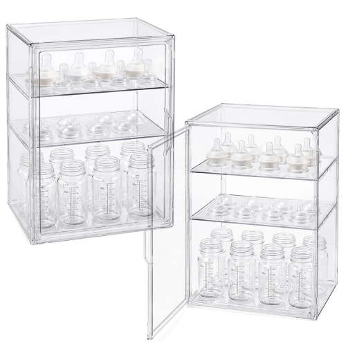 2 Pcs Bottle Organizer, 10.6 x 8.3 x 14.2 in Clear Plastic Organizer with Metal-Adhering Door, 3-Tier Storage Bins with 2 Adjustable Dividers, Dustproof Display Case for Kitchen Countertop Vanity