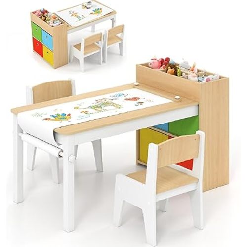 INFANS Kids Art Table and Chair Set, Toddler Craft Play Wood Activity Desk with Paper Roll 2 Chairs Storage Canvas Bins for Writing Drawing, Children Furniture for Daycare Nursery Boys Girls Ages 3+