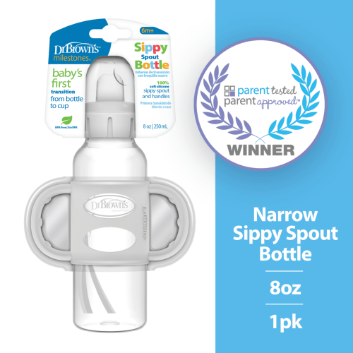 Dr. Brown's Milestones Narrow Sippy Spout Bottle, 100% Silicone Handles, 8oz/250ml, 6m+, BPA Free, Gray