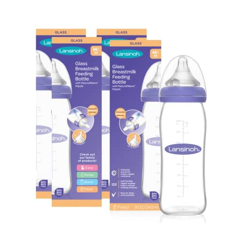 Lansinoh Glass Baby Bottles for Breastfeeding Babies, 8 Ounces, 4 Count, Includes 4 Medium Flow Nipples (Size 3M)